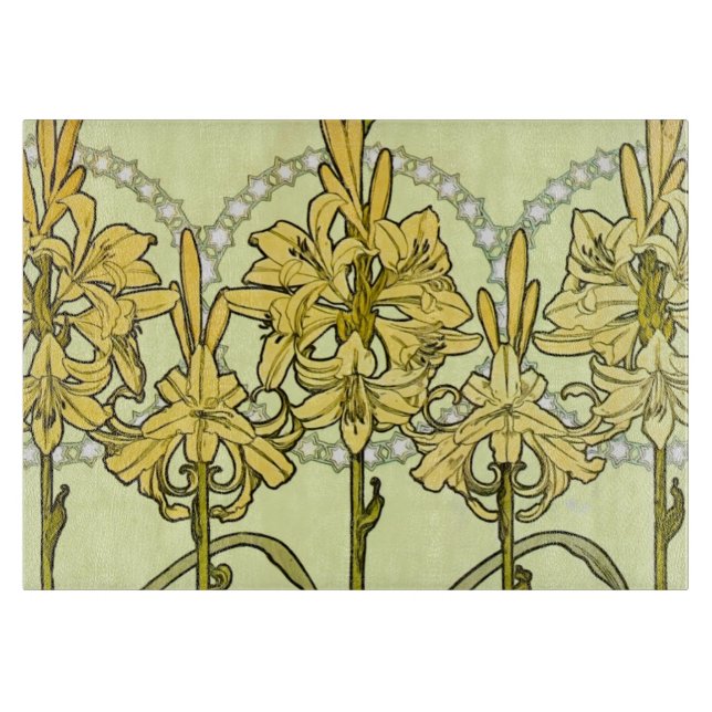 Alfonse Mucha Art Nouveau Lily Floral Pattern Schneidebrett (Vorderseite)