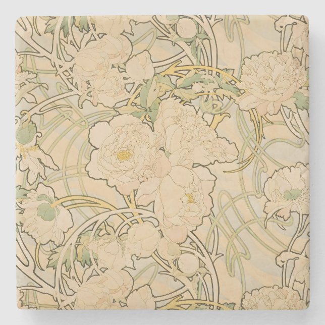 Alfonse Mucha Art Nouveau Peonies Botanische Kunst Steinuntersetzer (Vorderseite)
