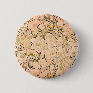 Alfonse Mucha Art Nouveau Peonies Button
