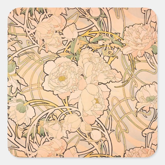 Alfonse Mucha Art Nouveau Peonies Quadratischer Aufkleber (Vorderseite)