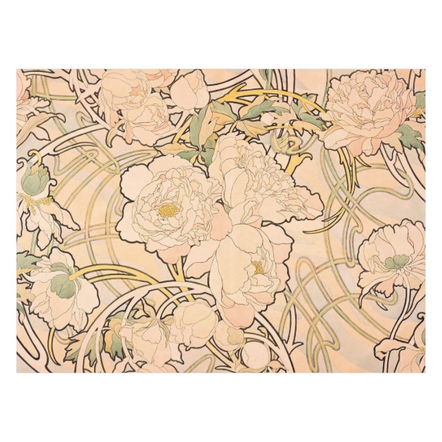 Alfonse Mucha Art Nouveau Peonies Tischdecke (Vorderseite (Horizontal))