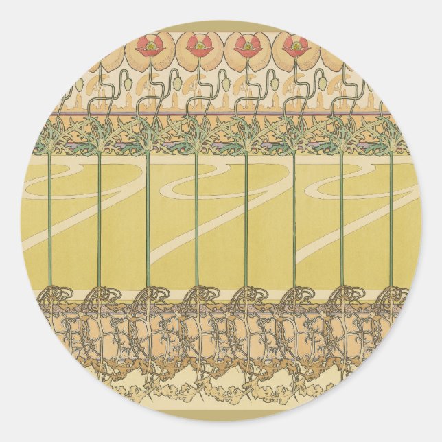 Alfonse Mucha Poppies Art Nouveau Floral Wallpaper Runder Aufkleber (Vorderseite)