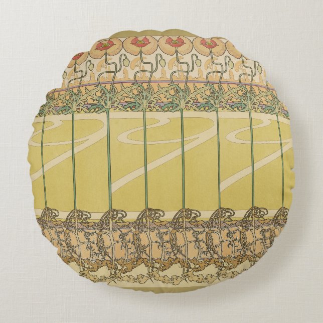 Alfonse Mucha Poppies Art Nouveau Floral Wallpaper Rundes Kissen (Vorderseite)