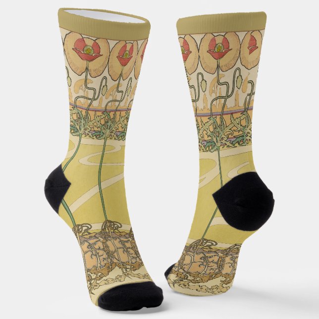 Alfonse Mucha Poppies Art Nouveau Floral Wallpaper Socken (Gewinkelt)