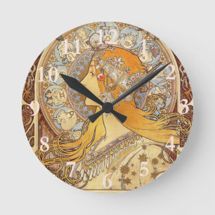 Alfonse Mucha Zodiac Art Nouveau Frau Runde Wanduhr