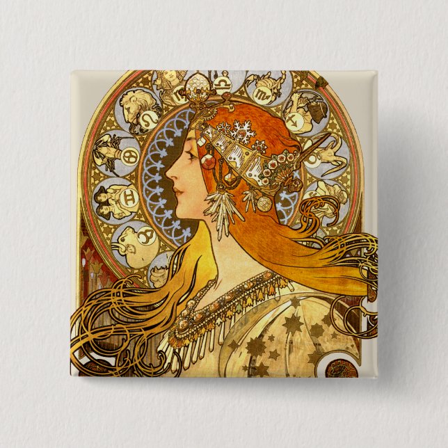 Alfonse Mucha Zodiac Art Nouveau Woman Button (Vorderseite)