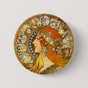 Alfonse Mucha Zodiac Art Nouveau Woman Button