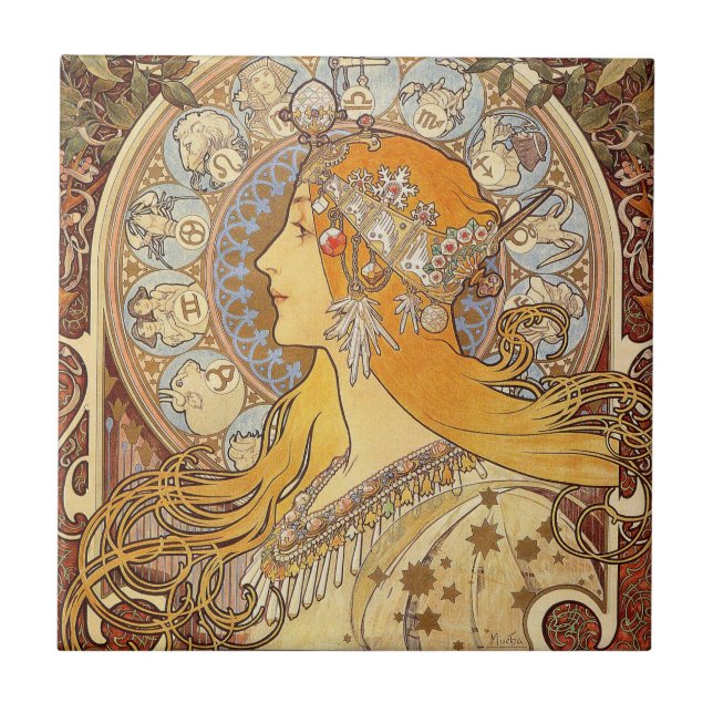 Alfonse Mucha Zodiac Art Nouveau Woman Fliese (Vorderseite)