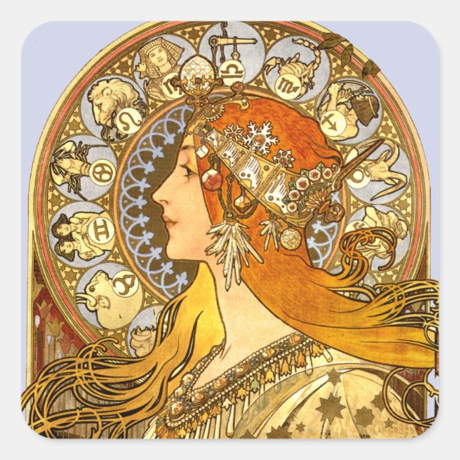 Alfonse Mucha Zodiac Art Nouveau Woman Quadratischer Aufkleber (Vorderseite)