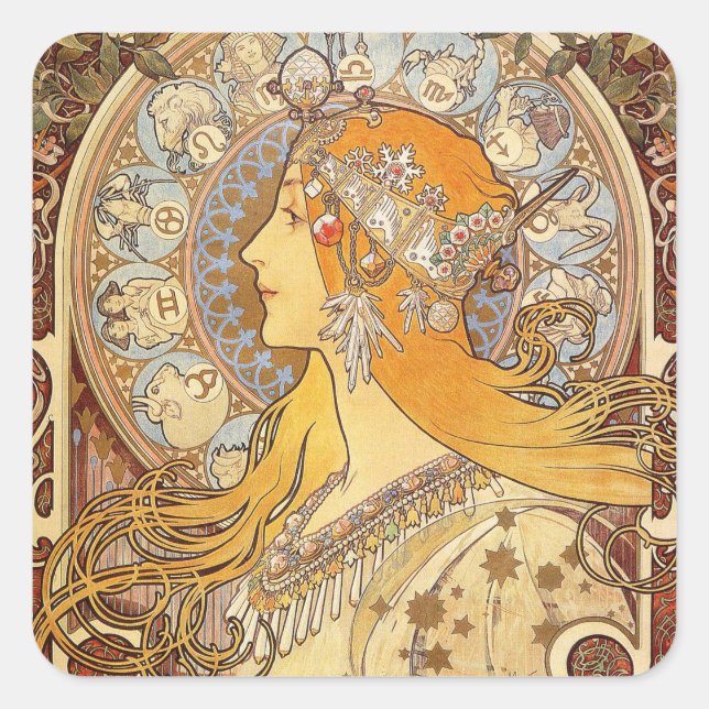 Alfonse Mucha Zodiac Art Nouveau Woman Quadratischer Aufkleber (Vorderseite)