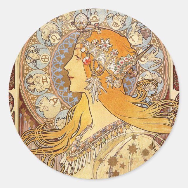 Alfonse Mucha Zodiac Art Nouveau Woman Runder Aufkleber (Vorderseite)
