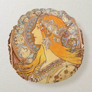 Alfonse Mucha Zodiac Art Nouveau Woman Rundes Kissen