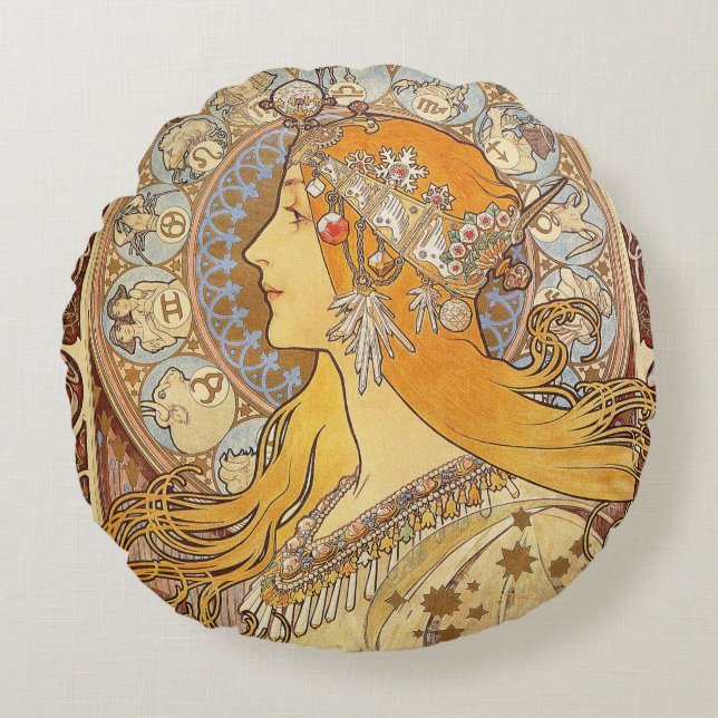 Alfonse Mucha Zodiac Art Nouveau Woman Rundes Kissen (Vorderseite)