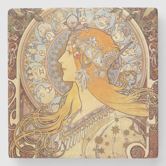 Alfonse Mucha Zodiac Art Nouveau Woman Steinuntersetzer (Vorderseite)