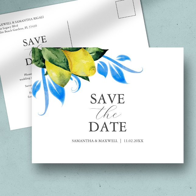 Alfresco Wedding Theme Save the Date Postkarte (Destination weddings save the date postcards watercolor blue and yellow lemon citrus DoTellABelle)