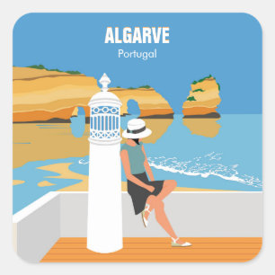 Algarve-Strand-Mädchen-Reise im Vintage-Stil Quadratischer Aufkleber