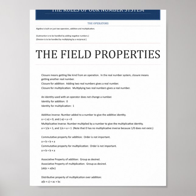 Algebraisches Feld Eigenschaften Poster  (Vorne)