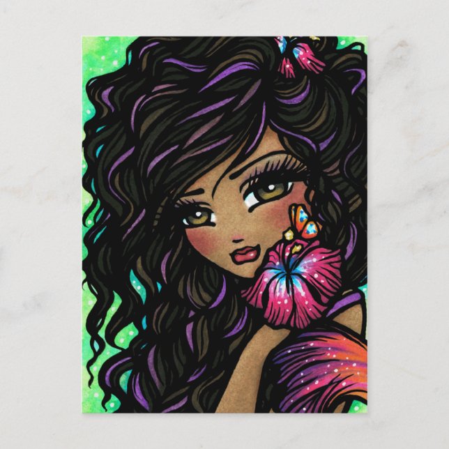 "Aliah" Hibiskus Mermaid Fantasy Art Postcard Postkarte (Vorderseite)