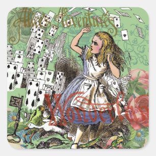 alice abenteuer karten wunderland verrückter hutma quadratischer aufkleber