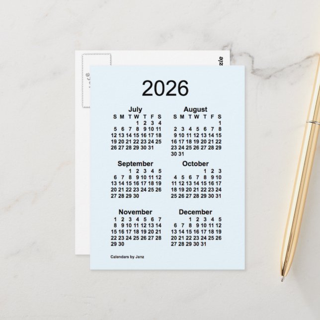 Alice Blue 6 Monate Mini-Kalender 2026 von Janz Postkarte (Vorderseite/Rückseite Beispiel)