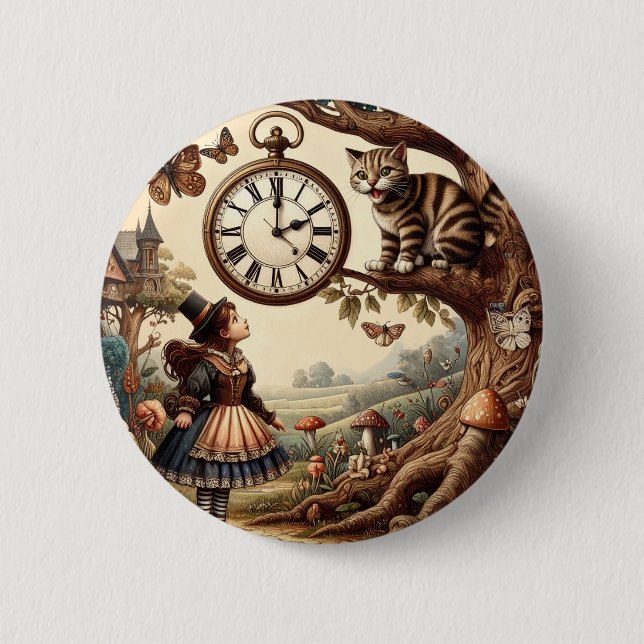 Alice & Cheshire Cat: Whimsical Wonderland Fantasy Button (Vorderseite)