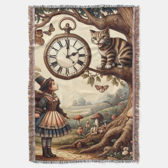 Alice & Cheshire Cat: Whimsical Wonderland Fantasy Decke (Vorderseite Vertikal)
