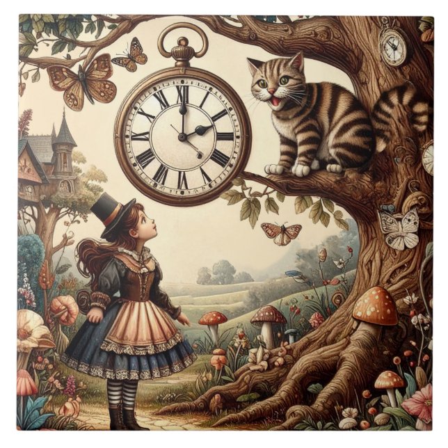 Alice & Cheshire Cat: Whimsical Wonderland Fantasy Fliese (Vorderseite)