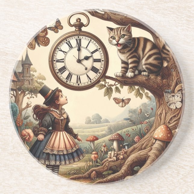 Alice & Cheshire Cat: Whimsical Wonderland Fantasy Getränkeuntersetzer (Vorne)