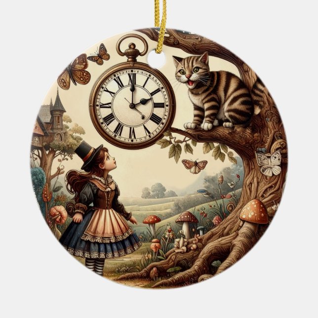 Alice & Cheshire Cat: Whimsical Wonderland Fantasy Keramik Ornament (Vorne)