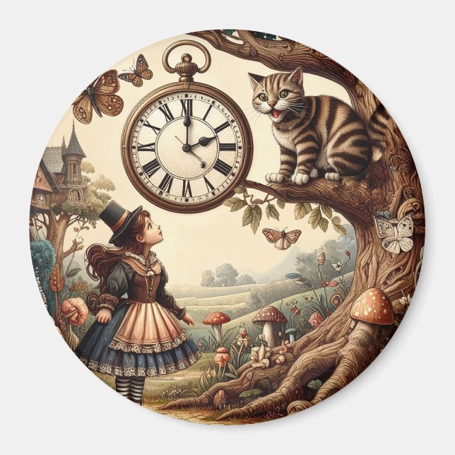 Alice & Cheshire Cat: Whimsical Wonderland Fantasy Magnet (Vorne)