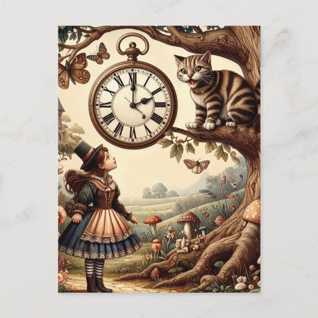 Alice & Cheshire Cat: Whimsical Wonderland Fantasy Postkarte (Vorderseite)