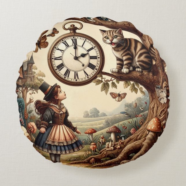 Alice & Cheshire Cat: Whimsical Wonderland Fantasy Rundes Kissen (Vorderseite)