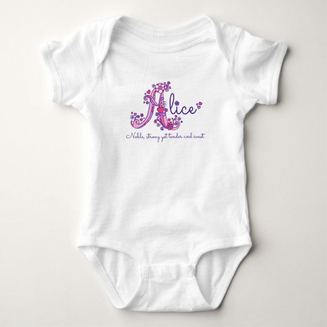 Alice Girls Name & Bedeutung Eine Monogramm-Kleidu Baby Strampler (Vorderseite)