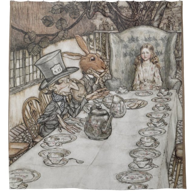 Alice im Tea-Party von Mad Hatter Duschvorhang (Vorderseite)