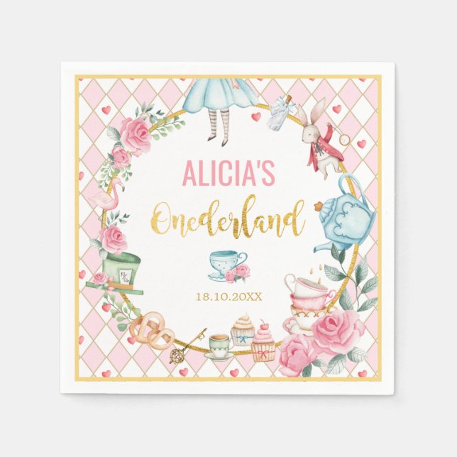 Alice im Wunderland 1. Geburtstag Onederland Party Serviette (Vorderseite)