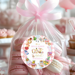 Alice im Wunderland 1. Geburtstag Pink  Runder Aufkleber