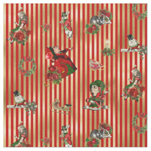 Alice im Wunderland auf Weihnachtsrot/Goldstreifen Stoff