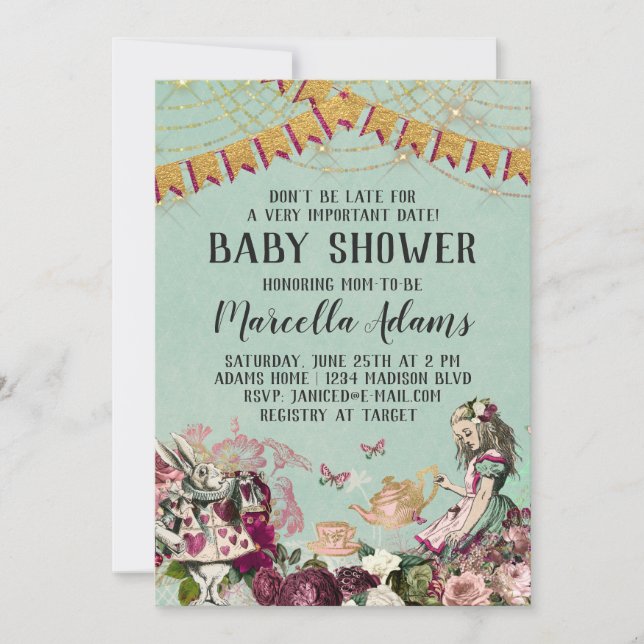 Alice im Wunderland Babydusche Einladung (Vorderseite)