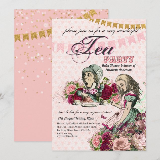 Alice im Wunderland BabyShower MadHatter Tea Party Einladung (Vorne/Hinten)