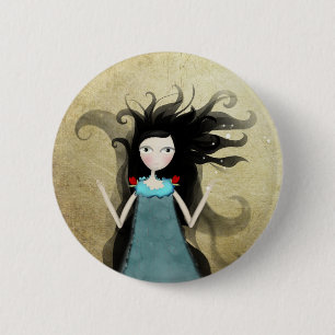 Alice im Wunderland blaues Kleid rote Blumen Knopf Button