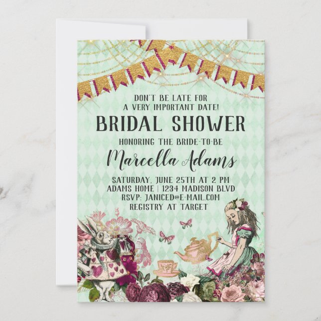 Alice im Wunderland Brautdusche Einladung (Vorderseite)