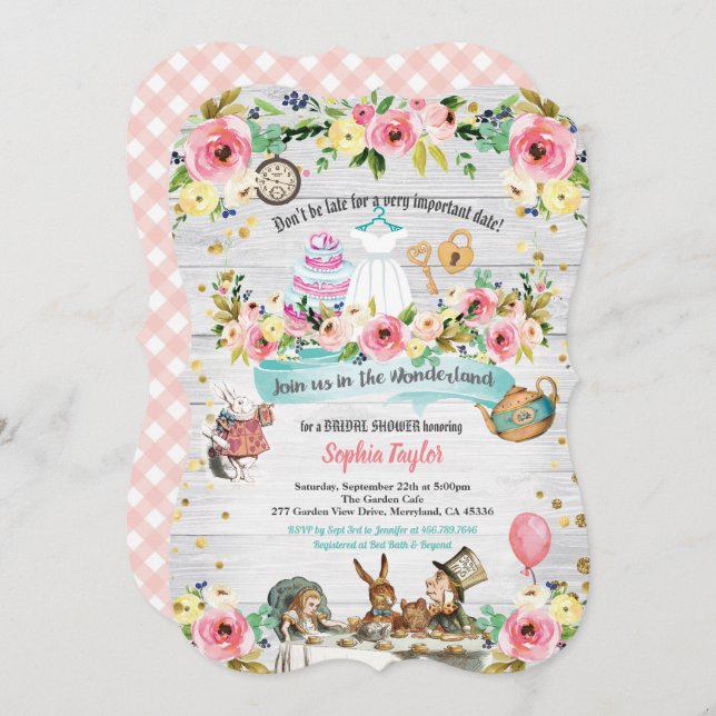 Alice im Wunderland Brautdusche Einladung (Vorne/Hinten)