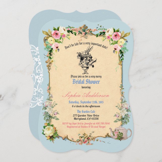 Alice im Wunderland Brautdusche Einladung blau (Vorne/Hinten)