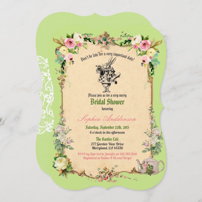 Alice im Wunderland Brautdusche Einladung grün (Vorne/Hinten)