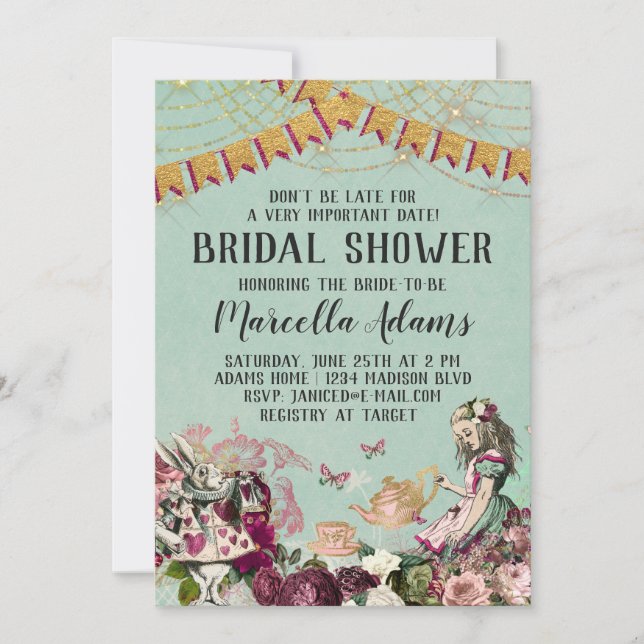 Alice im Wunderland Brautparty Einladung (Vorderseite)