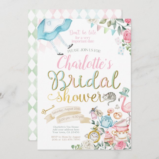 Alice im Wunderland Brautparty Einladung (Vorne/Hinten)