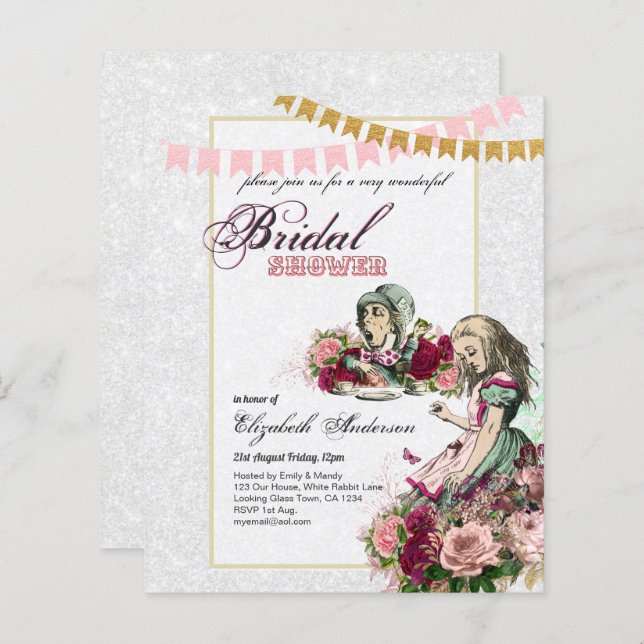 Alice im Wunderland Brautparty Tee Party Einladung (Vorne/Hinten)