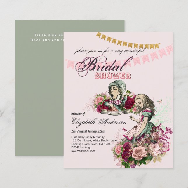 Alice im Wunderland Brautparty Tee Party Einladung (Vorne/Hinten)