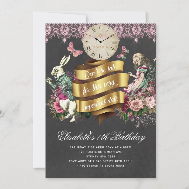 Alice im Wunderland Chalkboard Geburtstag Einladung (Vorderseite)