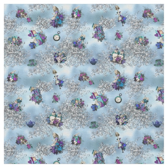 Alice im Wunderland-Charaktere auf Blau und Silber Stoff (Nahaufnahme)